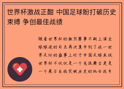 世界杯激战正酣 中国足球盼打破历史束缚 争创最佳战绩