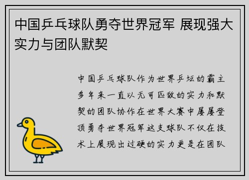 中国乒乓球队勇夺世界冠军 展现强大实力与团队默契