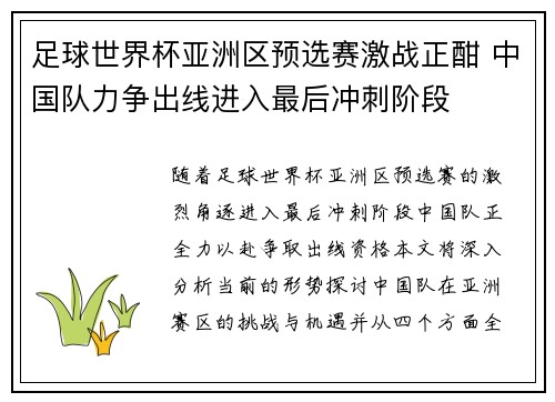 足球世界杯亚洲区预选赛激战正酣 中国队力争出线进入最后冲刺阶段