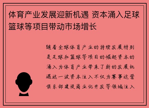 体育产业发展迎新机遇 资本涌入足球篮球等项目带动市场增长